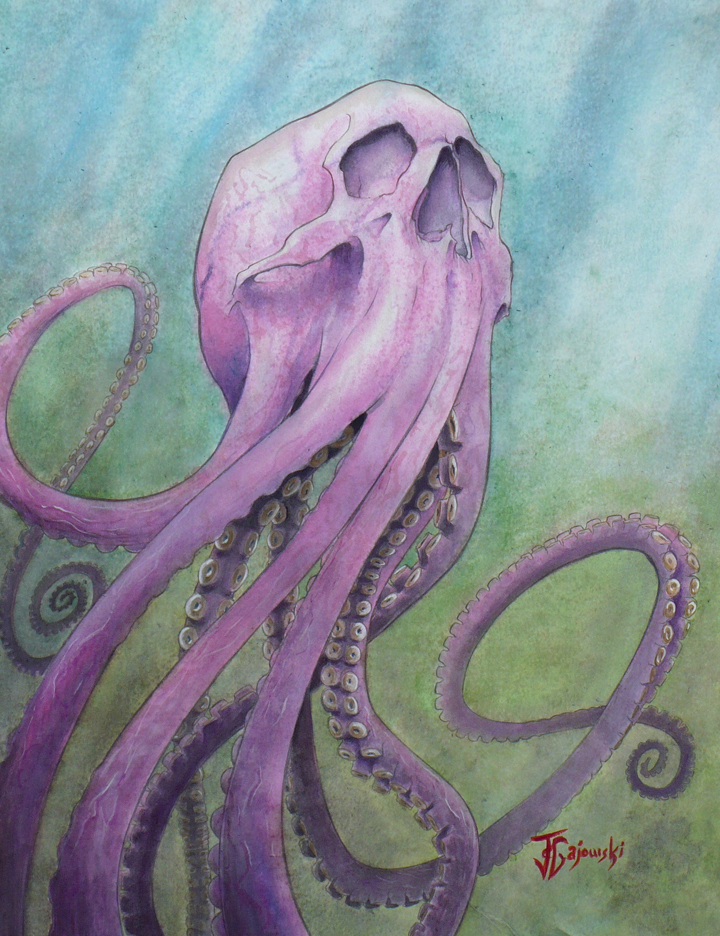 john gajowski, johngajowski, giant, evil, watercolor, portrait, art, artist, skeleton, christmas, halloween, monster, rainbow, rain, animals, tentacles, comics, pencils, inks, gouache, watercolor, octopus, skullopus, animal, bust, lookin up, monster, sea monster, seamonster, creature, body, tentacle, portrait, skeletons,