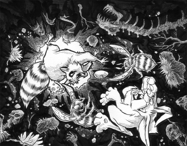 john gajowski, johngajowski, giant, evil, monster, friends, animals, tentacles, comics, pencils, inks, penciler, tales of the eyes, raccoon, rabbit, bees, egg, kids story, children, children book, fairy tale, group art, stories, kids, kid, read. reading, bunny, bunny rabbit, cross hatching, hatching, crosshatching, ripidograph, koh i noor, pen, pen ink, pen and ink,