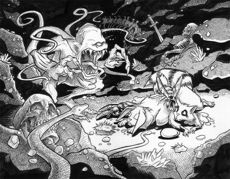 john gajowski, johngajowski, giant, evil, monster, friends, animals, tentacles, comics, pencils, inks, penciler, tales of the eyes, raccoon, rabbit, bees, egg, kids story, children, children book, fairy tale, group art, stories, kids, kid, read. reading, bunny, bunny rabbit, cross hatching, hatching, crosshatching, ripidograph, koh i noor, pen, pen ink, pen and ink,