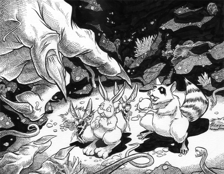 john gajowski, johngajowski, giant, evil, monster, friends, animals, tentacles, comics, pencils, inks, penciler, tales of the eyes, raccoon, rabbit, bees, egg, kids story, children, children book, fairy tale, group art, stories, kids, kid, read. reading, bunny, bunny rabbit, cross hatching, hatching, crosshatching, ripidograph, koh i noor, pen, pen ink, pen and ink,