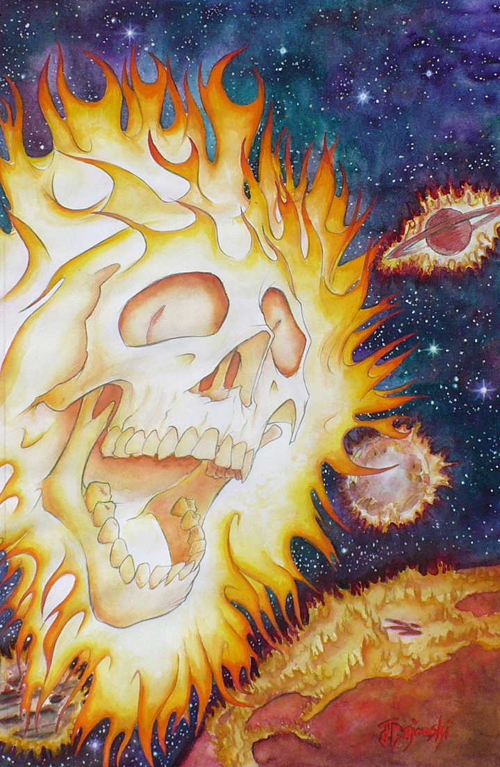 john gajowski, johngajowski, giant, evil, see no evil, still life, watercolor, comics, pencils, inks, gouache, watercolor, evil paintings, skeletons, environmental, sun, earth, burning earth, world on fire, death by sun, drink n draw, goodfoot, the goodfoot, the good foot, good foot, portland, PDX, Drink and draw, space, stars, planets, solar system, tom barrett, flames skull, skull on fire, burning skull,